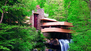 brown concrete house, nature, landscape, waterfall, long exposure HD wallpaper