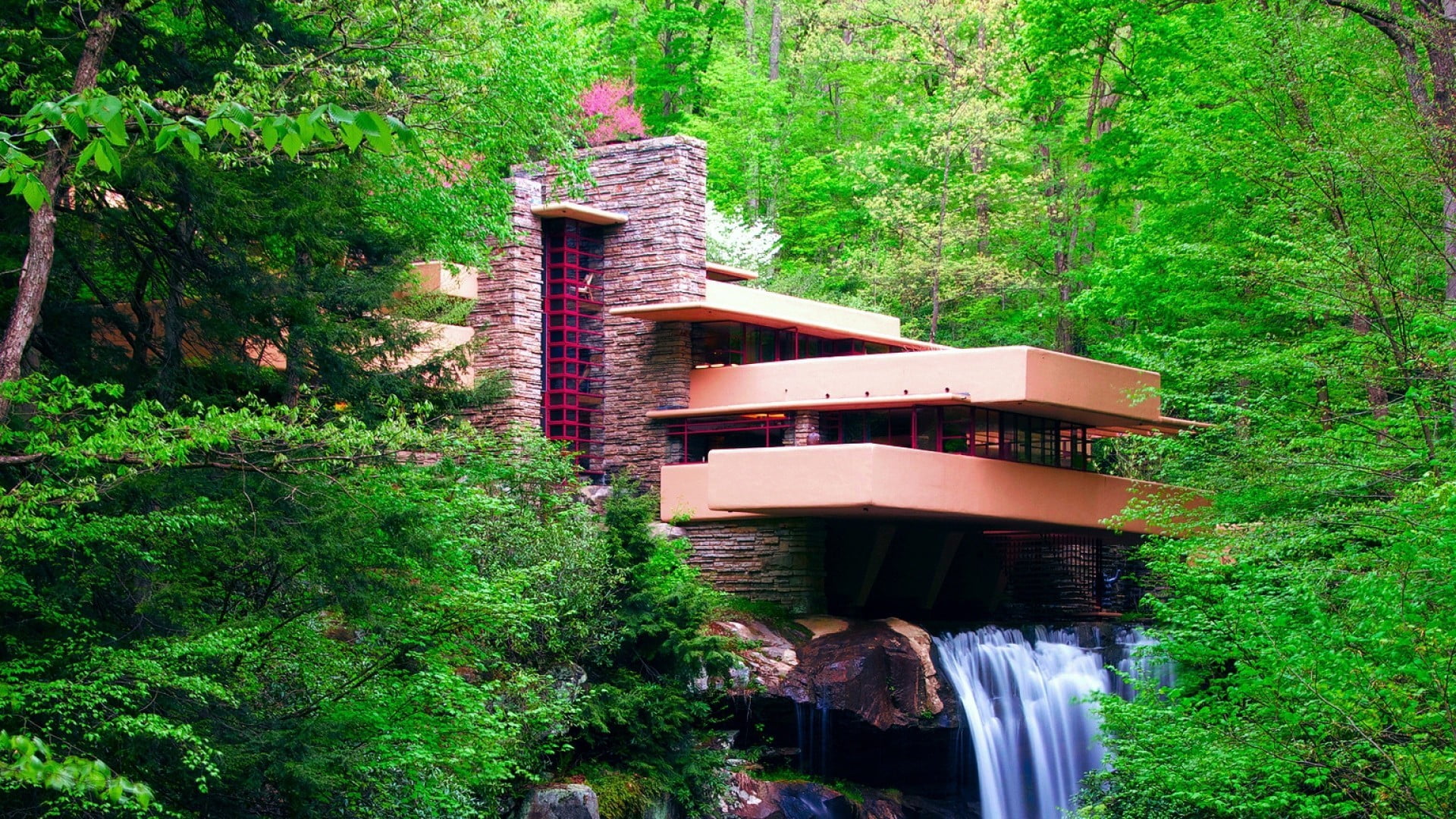 brown concrete house, nature, landscape, waterfall, long exposure