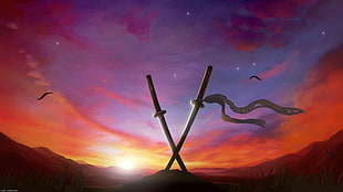 two katana illustration, digital art, sunset, sword, fantasy art