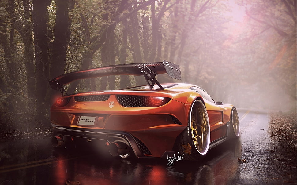 orange coupe, car HD wallpaper
