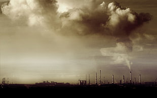 tower releasing smoke digital wallpaper, industrial, landscape, clouds, smoke