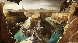 game digital wallpaper, desert, river, Evan Lee, artwork