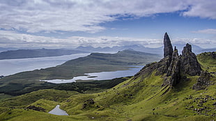 white and black boat on body of water, landscape, Scotland, the storr