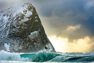 person surfing near mountain digital wallpaper, surfing, sea, waves, rock