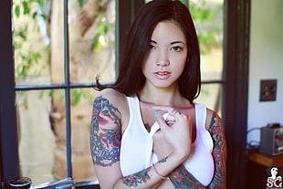 women's white tank top, Suicide Girls, tattoo, nose rings, Myca Suicide HD wallpaper