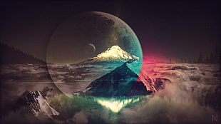 moon and mountain illustration, artwork, Moon, planet, blue