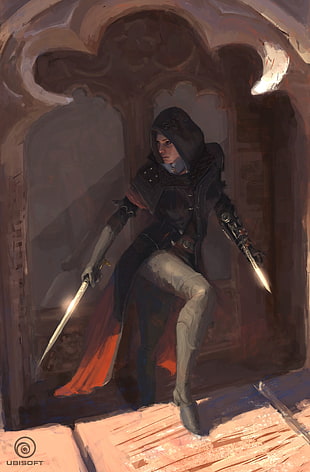 photo of woman assassin wearing cape, dagger, and sword wallpaper