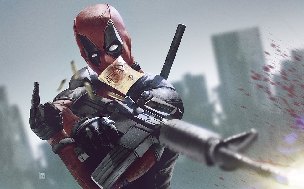 Deadpool using gun illustration HD wallpaper
