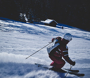 white helmet, Skier, Mountain, Skiing