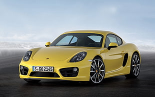 yellow Porsche Cayman coupe, car, Porsche