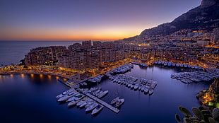 brown and white concrete building, city, water, sunset, Monaco