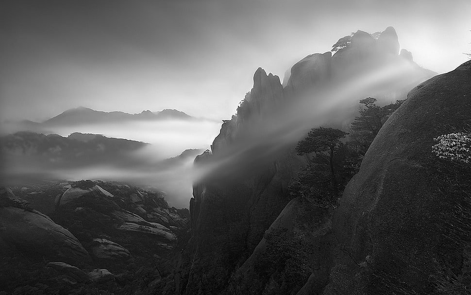 grayscale photo of mountain, landscape, nature, morning, mist HD wallpaper