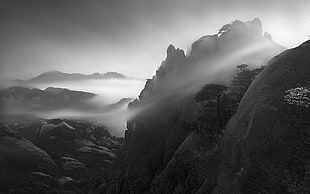 grayscale photo of mountain, landscape, nature, morning, mist