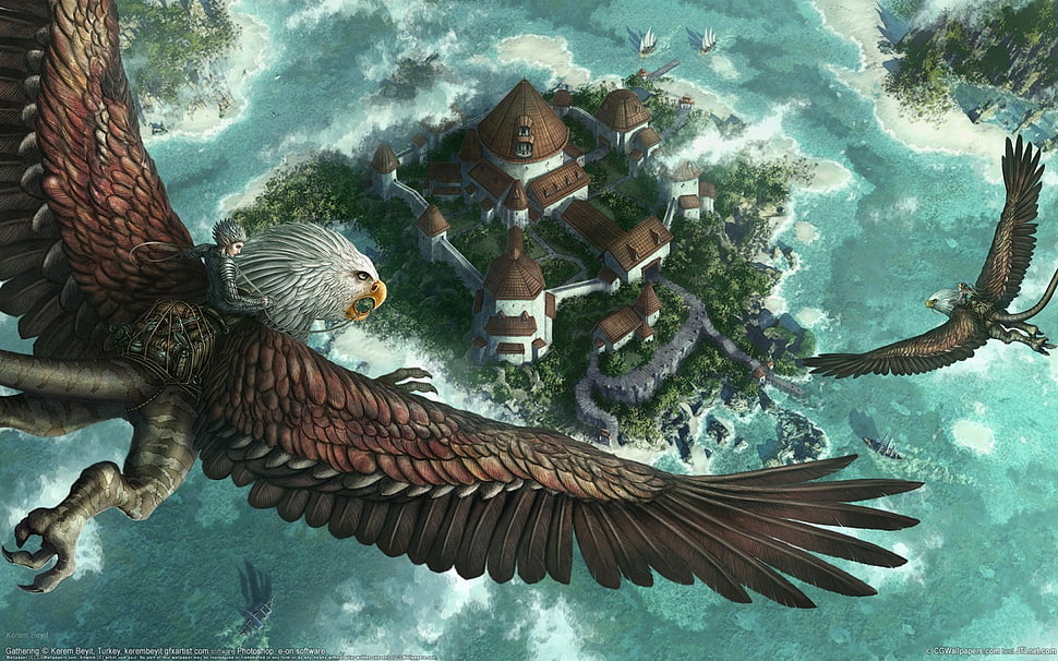 bald eagle painting, artwork, fantasy art, island, Pathfinder HD wallpaper