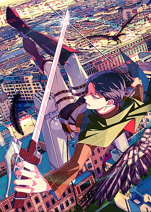 cartoon character with sword illustration, city, weapon, people, Shingeki no Kyojin