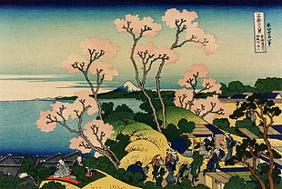 artwork of village, Hokusai, Japan, ink, cherry blossom