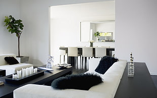 white fabric sofa beside black wooden coffee table