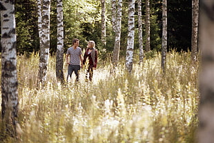 man and woman holding hands in forest during daytime HD wallpaper