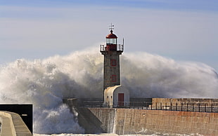 gray and red lighthouse, lighthouse, waves, storm, sea