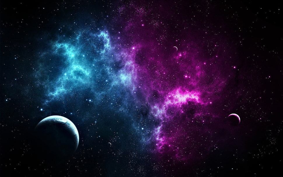 purple, black, and blue galaxy, space art, space, planet, digital art HD wallpaper