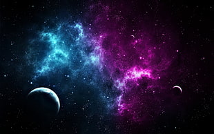 purple, black, and blue galaxy, space art, space, planet, digital art