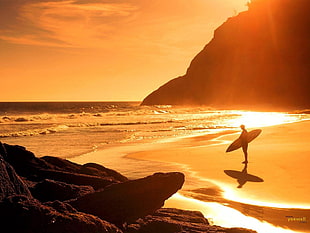 silhouette of person, beach, surfers, sunlight, sea