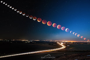 time lapse photography of roadway during nighttime, Super Blood Moon, Blood moon, Moon, long exposure