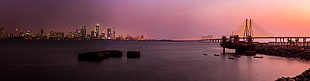body of water,bridge, and city view during sunset, bandra, worli HD wallpaper