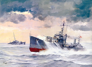 gray and red ship painting, painting, military, ship, artwork