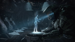 person holographic image, Halo, Master Chief, Cortana
