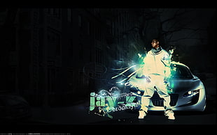 Jay-Z in white suit and green lights digital wallpaper