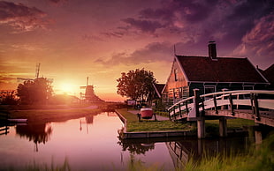 bridge and house illustration, nature, landscape, Netherlands, sunset