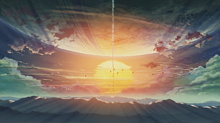 painting of sun rising, 5 Centimeters Per Second, sun rays, Sun, contrails HD wallpaper