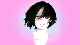 black-haired female portrait illustration, Ilya Kuvshinov, original characters, pink background, illustration
