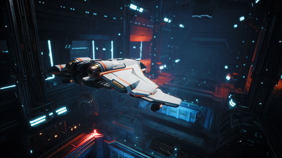 fighting jet digital wallpaper, everspace, spaceship, space, hangar HD wallpaper
