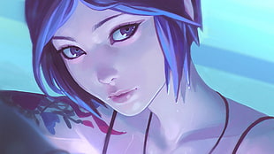 blue haired female illustration