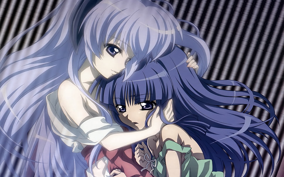 two blue and purple haired female anime characters HD wallpaper