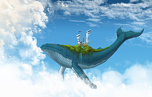 whale city illustration, digital art, fantasy art, animals, whale