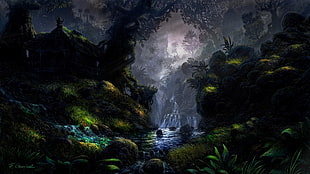 river between grass and boulders painting, river, grass, trees, rock