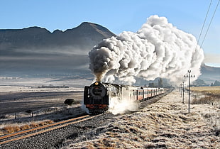 red and b lack steam train, train, vehicle, railway