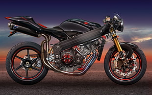 black and brass-colored sports bike