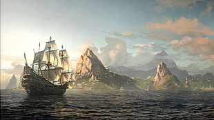 brown and white galleon illustration, boat, sea, island HD wallpaper