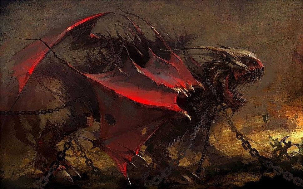 red and brown dragon digital art, fantasy art HD wallpaper