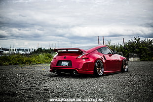 red Nissan 370Z coupe, Nissan, Nissan 350Z, Stance, Stanceworks HD wallpaper