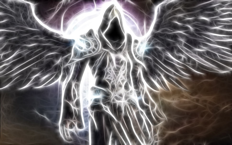 winged hooded figure surrounded by light painting, Fractalius, wings, fantasy art HD wallpaper