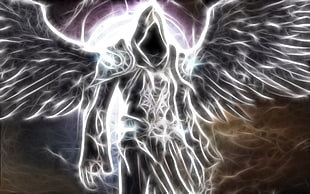 winged hooded figure surrounded by light painting, Fractalius, wings, fantasy art
