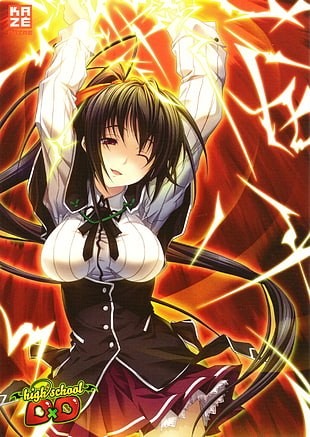 black haired female anime character with High School text overlay, Highschool DxD, anime, Himejima Akeno