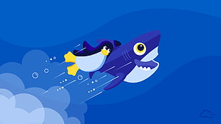 black penguin and blue shark art-work, shark, Penguin, Linux, Tux HD wallpaper