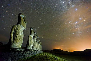 Moai Statues, night, universe, Easter Island, monuments HD wallpaper