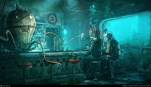underwater restaurant illustration, underwater, restaurant, robot, octopus HD wallpaper
